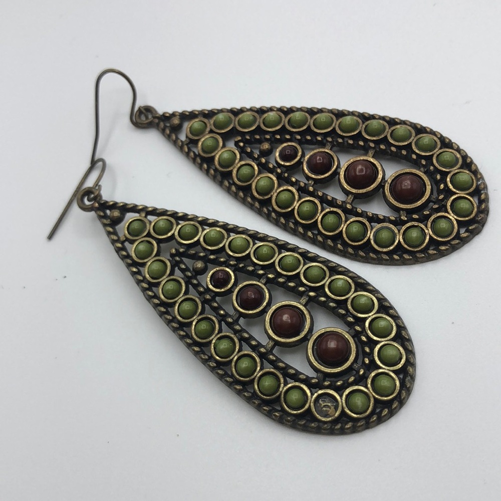 VTG hand crafted beaded hook earrings. Antique bronze with green & brown beads